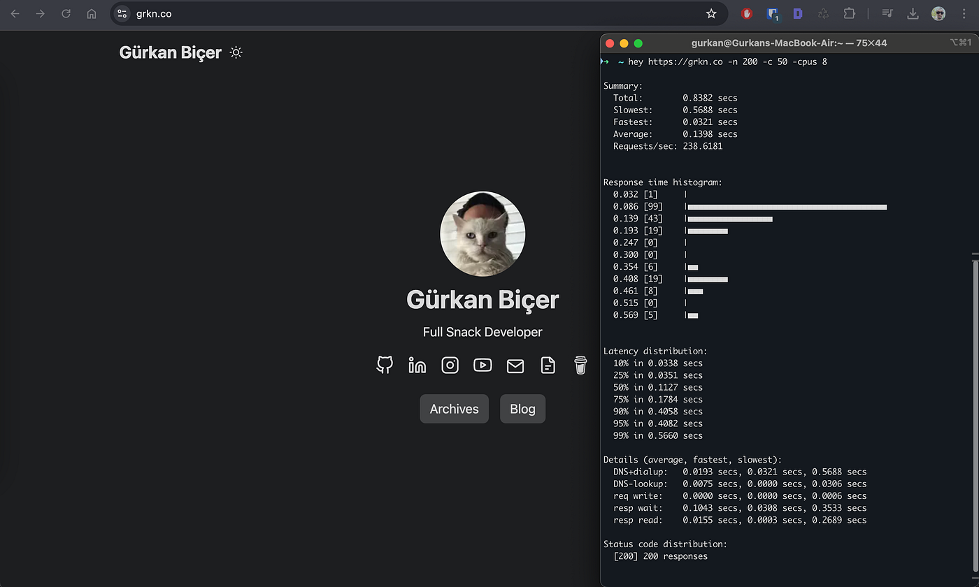 Terminal output of a hey load test against grkn.co