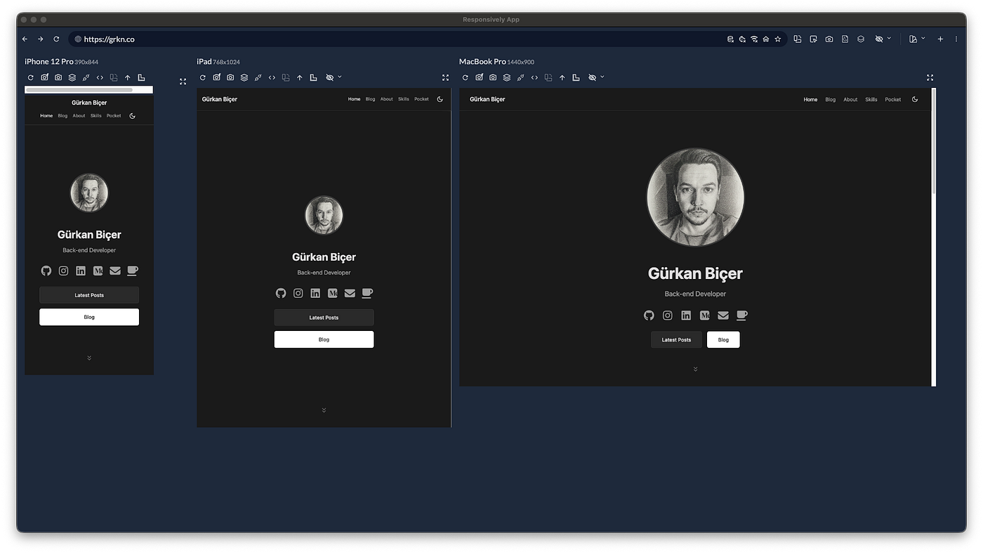 Responsively App’te grkn.co’nun iPhone 12 Pro, iPad ve MacBook Pro çözünürlüklerinde aynı anda önizlenmesi